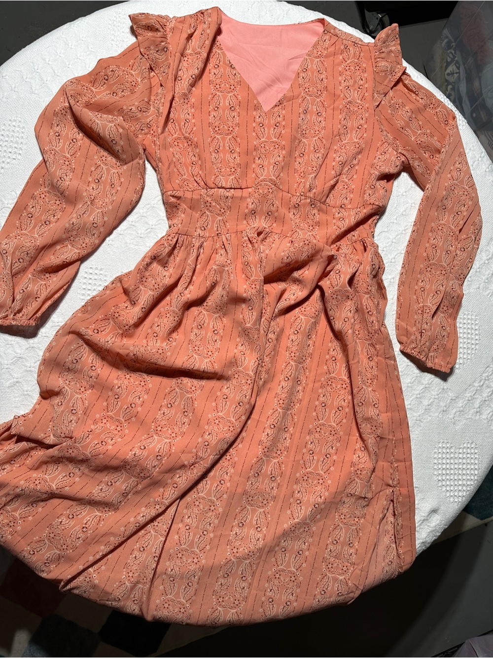 Women's Peach Lace-Trim Long Sleeve Maxi Dress
